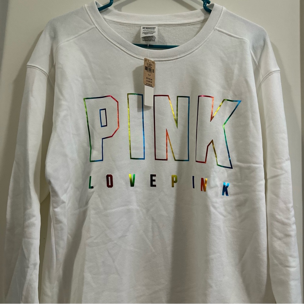 PINK Victoria's Secret White Sweatshirt with Colorful Foil